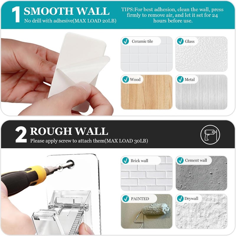 BMONATY Adhesive No Drill Curtain Rod Brackets - Heavy Duty 30LB Holders for Bathroom Bedroom Kitchen, Universal Damage-Free Window Rod Hooks with Nail-Free Installation (8PC Transparent) - Image 5